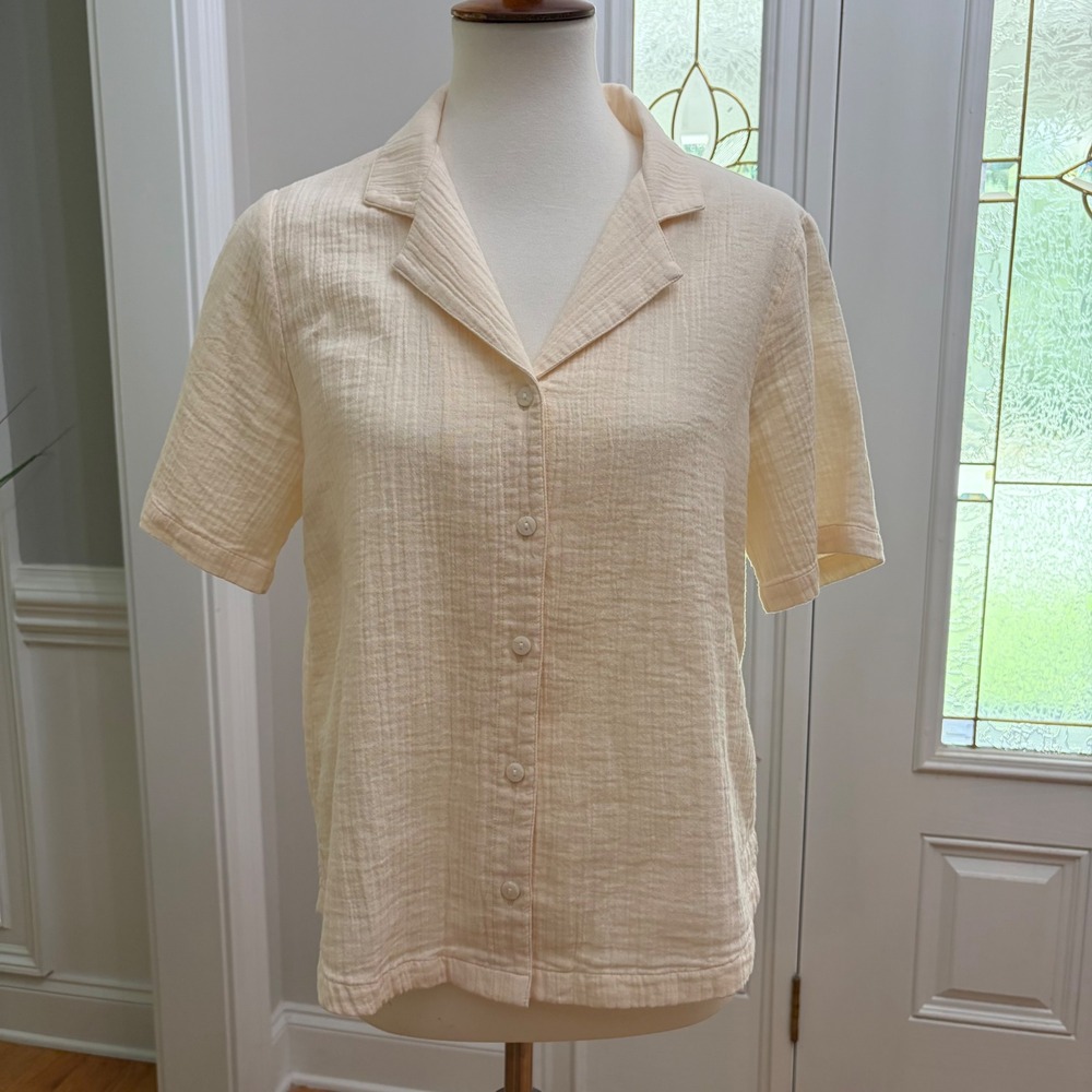 Quince Organic Cotton Gauze Short Sleeve Shirt Vintage Cream Camp Collar Small